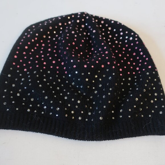 Women Carolyn Rowan Black Extrafine Merino Wool Rainbow Crystal Beanie Hat OS - Picture 3 of 5